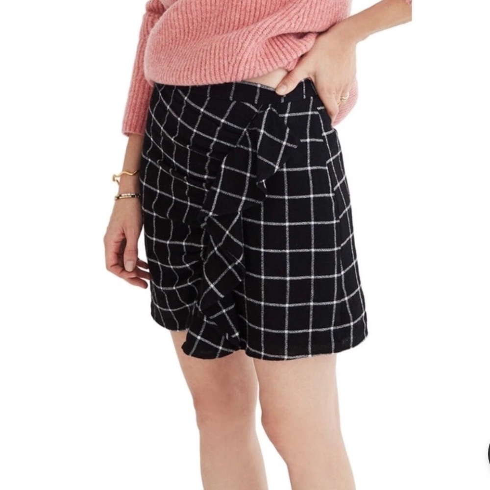 Madewell Wool Blend Windowpane Ruffle-Front Skirt Black